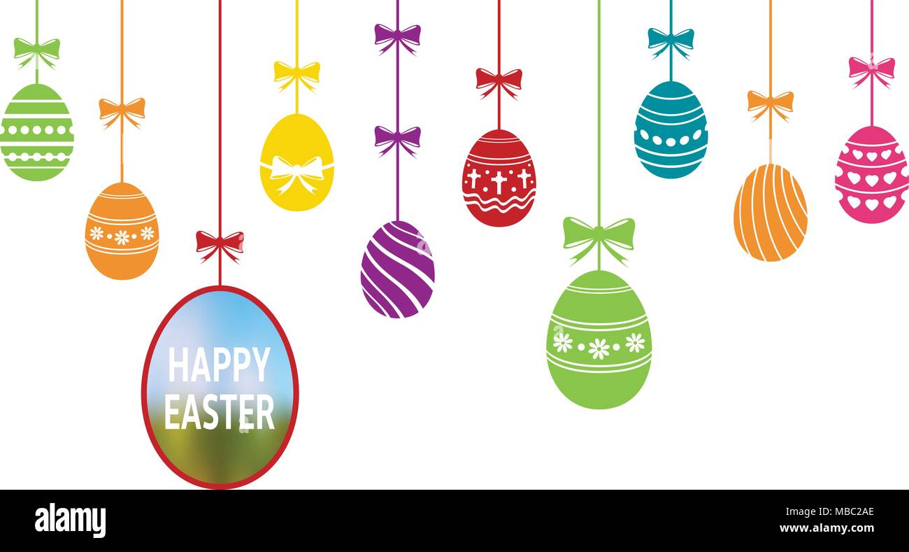 Hanging colored easter eggs ornaments. Easter holiday background. Vector illustration. Stock Vector