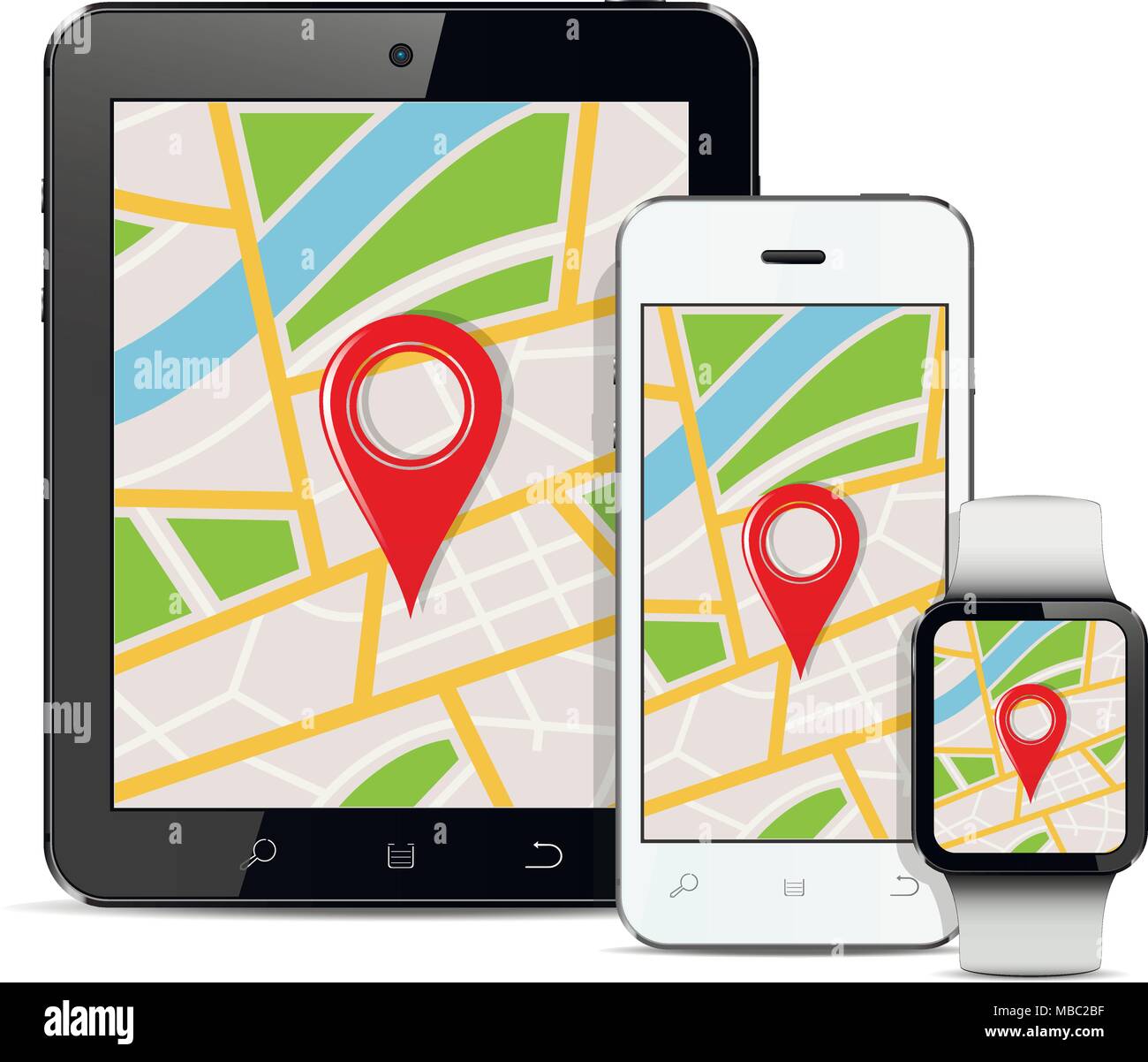 Modern digital gadgets with gps map on screen. Isolated on a white background. Vector illustration. Stock Vector