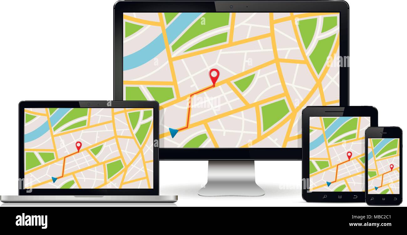 Map with GPS location mark displayed on digital devices screen. Responsive navigation web design concept. Stock Vector