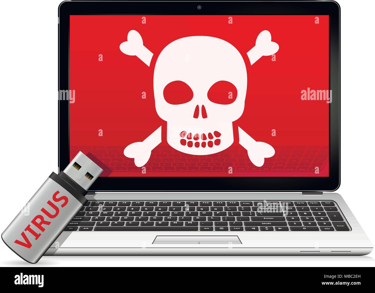 USB flash drive with computer virus and infected laptop. Vector illustration Stock Vector