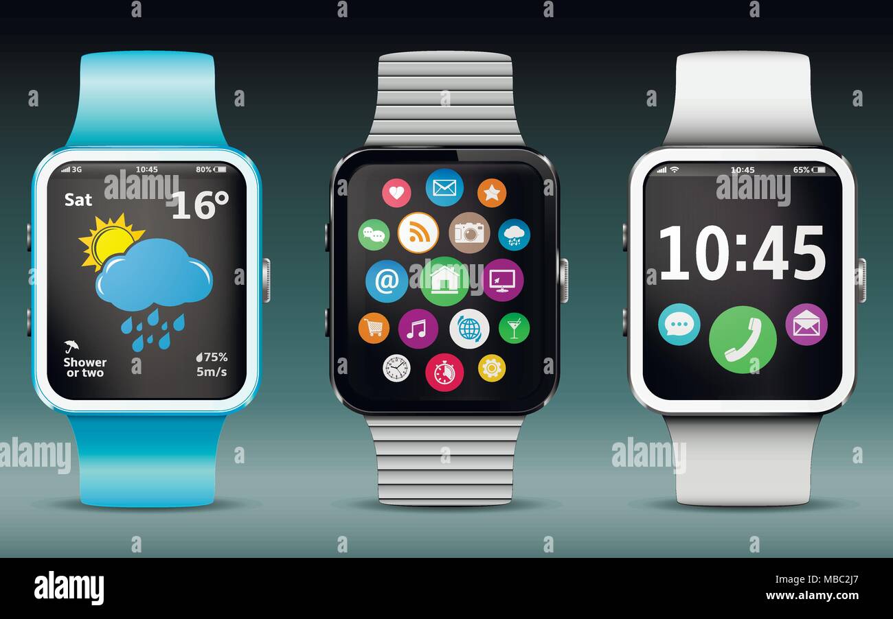 Smart watches with app icons, weather and clock widgets Stock Vector