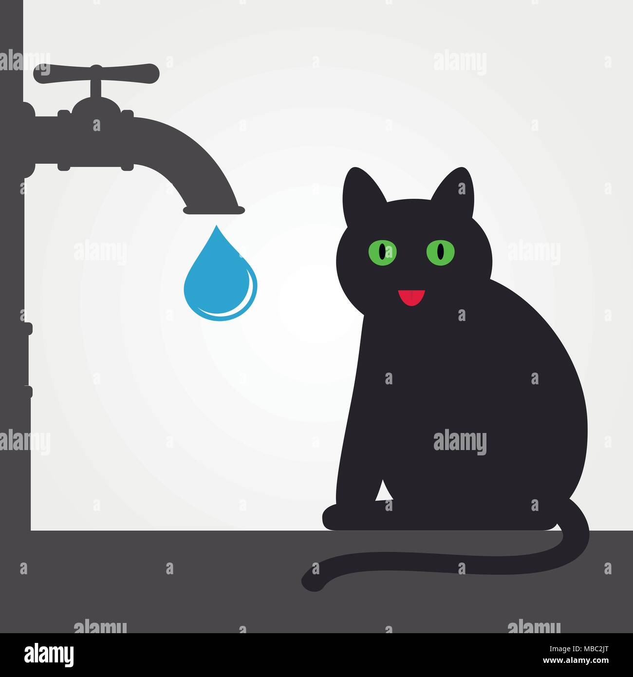 Cat and water tap with a drop, vector illustration. Stock Vector