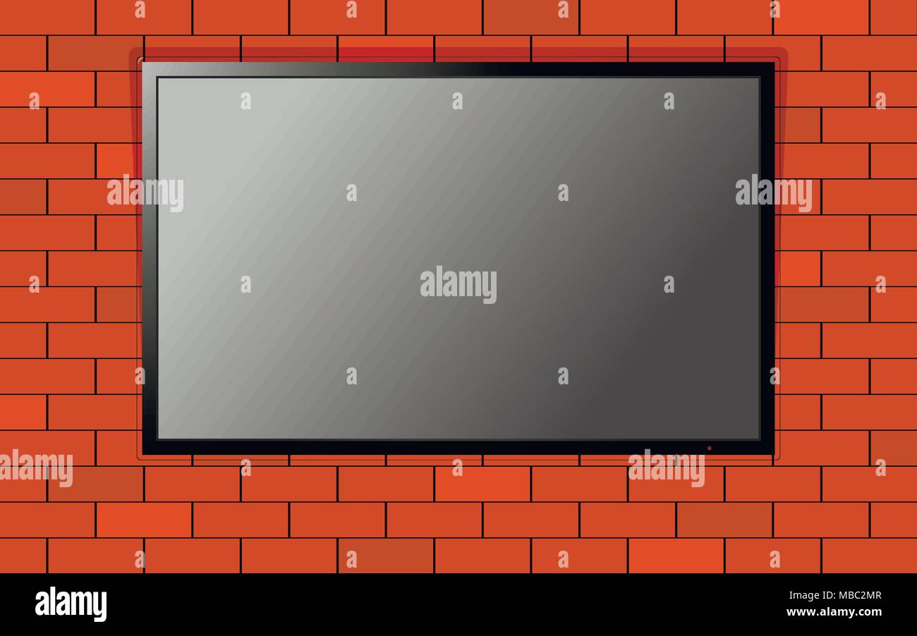 Modern TV with blank screen on brick wall. Computer monitor display mockup. Blank television template. Stock Vector