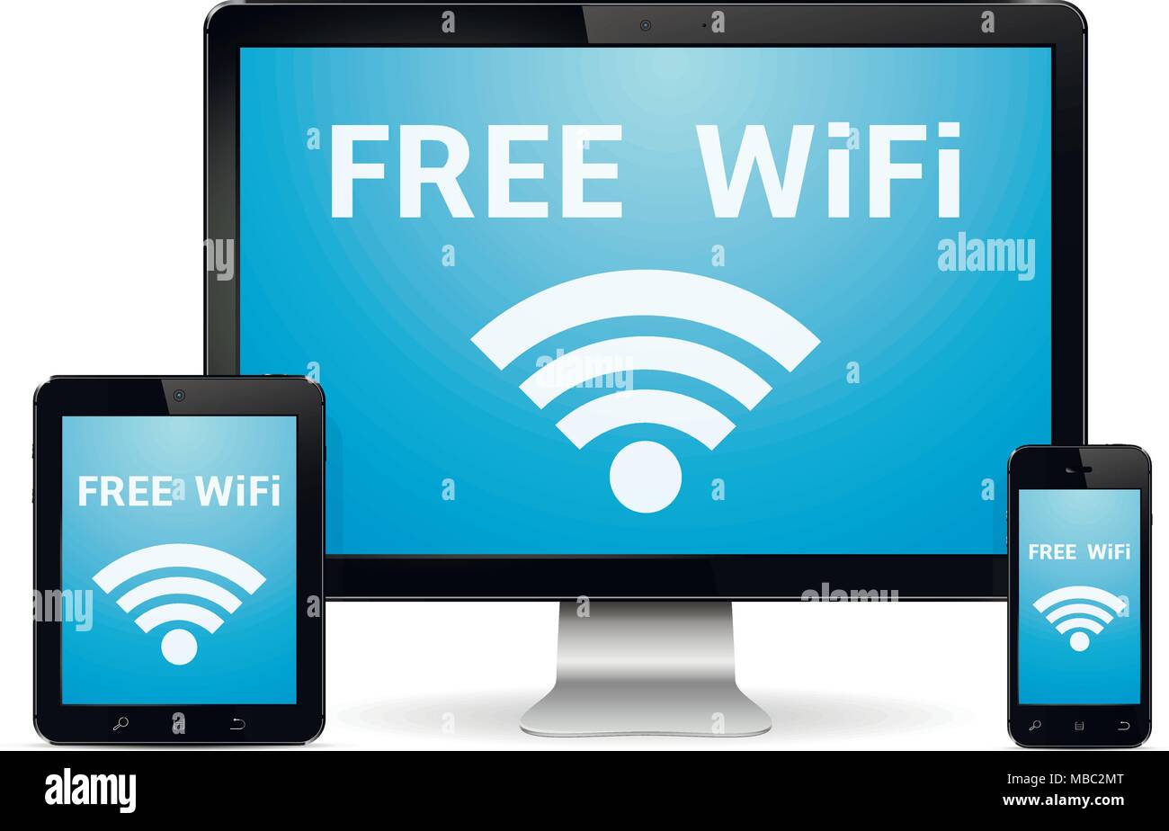 Wireless technology devices with free wifi internet connection symbol ...