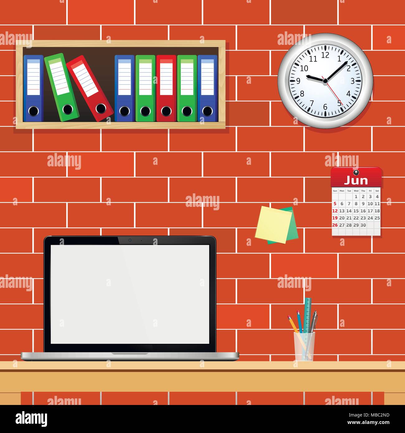 Modern office interior with designer desktop. Vector illustration. Stock Vector