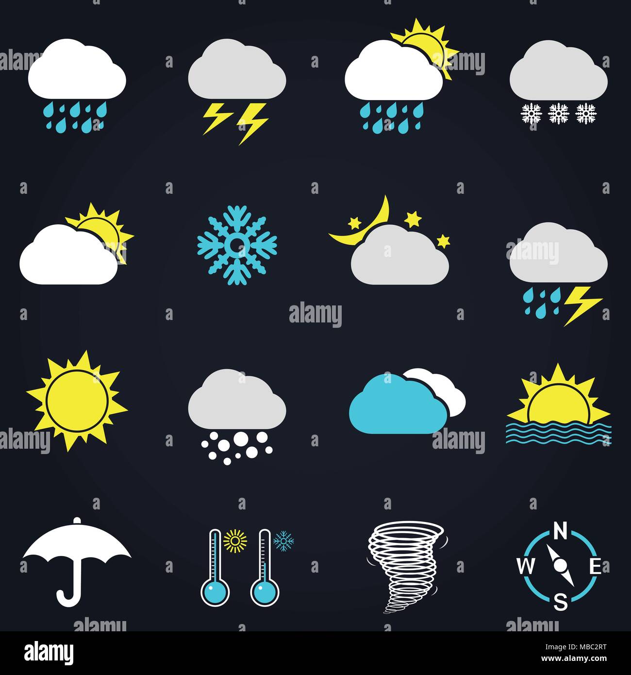 Modern weather icons set. Flat vector symbols on dark background. Stock Vector