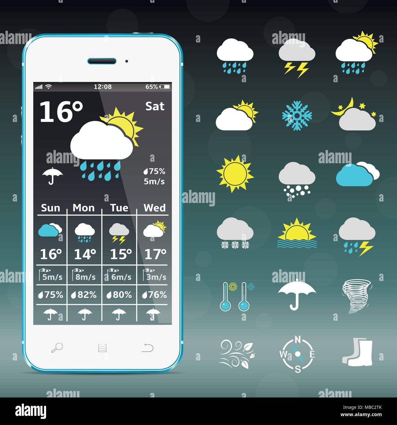 Realistic mobile phone with weather forecast widget mobile application program layout template vector illustration Stock Vector
