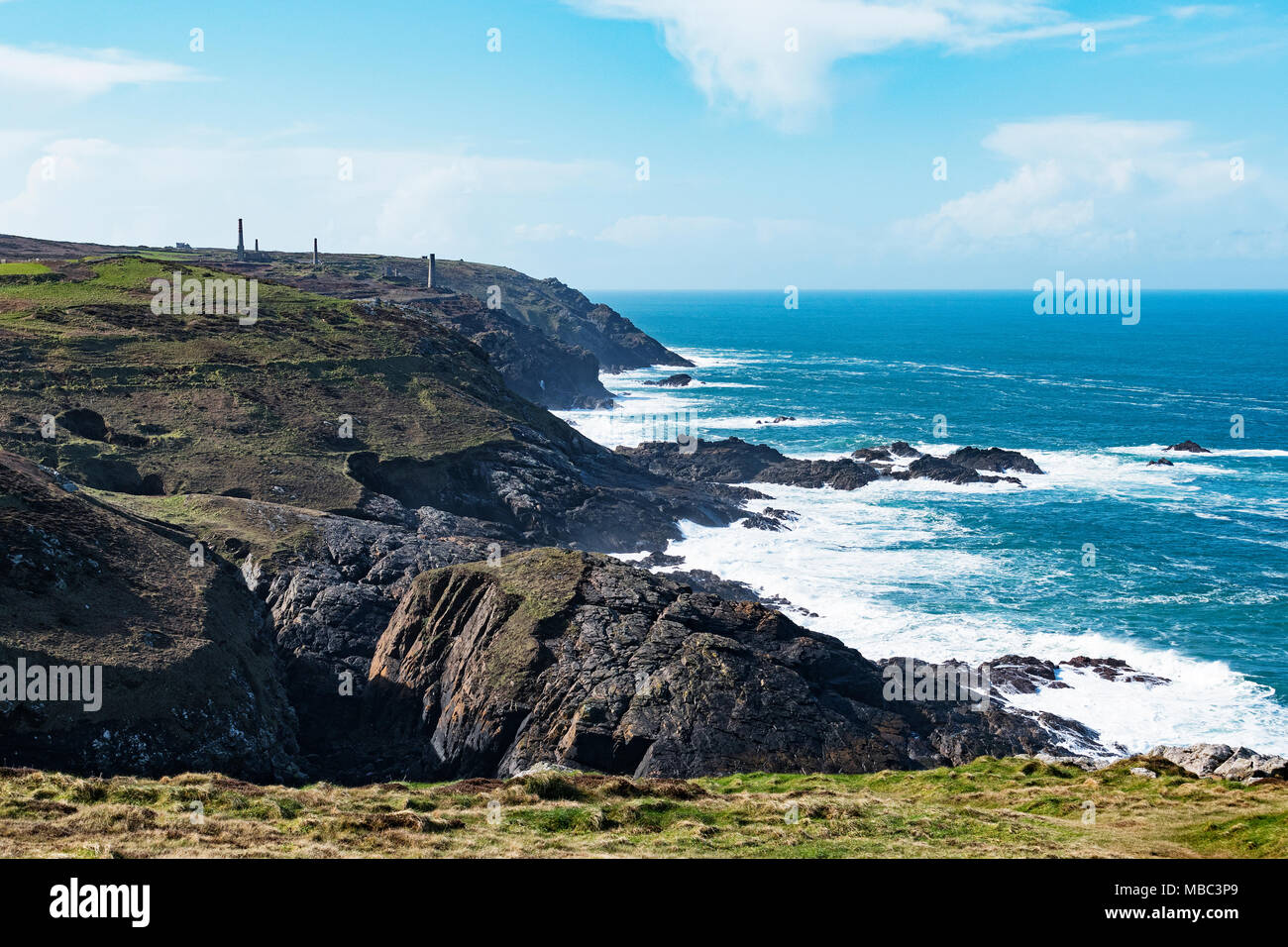 The coastline and tin mining landscape at pendeen in cornwall, england, uk, the area is a unesco world heritage site. Stock Photo
