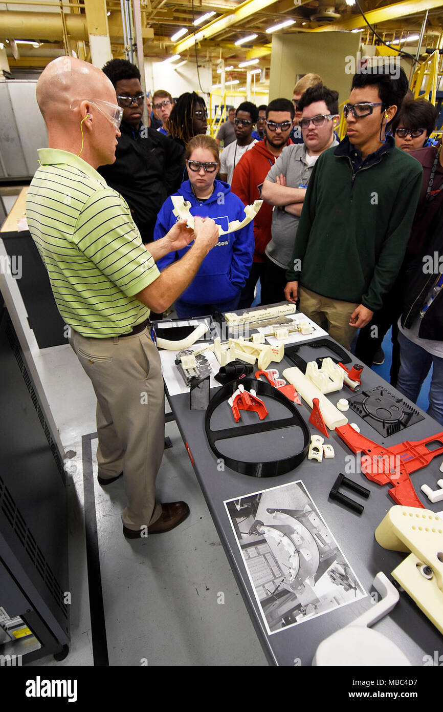 Fla. (Feb 13, 2018) David Santillo, the Manufacturing Divison Program Manager for Fleet Readiness Center Southeast (FRCSE), speaks to students from Frank H. Peterson Academies about the different types of manufacturing methods FRCSE uses to produce parts. The students were comprised of various vocational backgrounds, including aircraft mechanics. (U.S. Navy Stock Photo