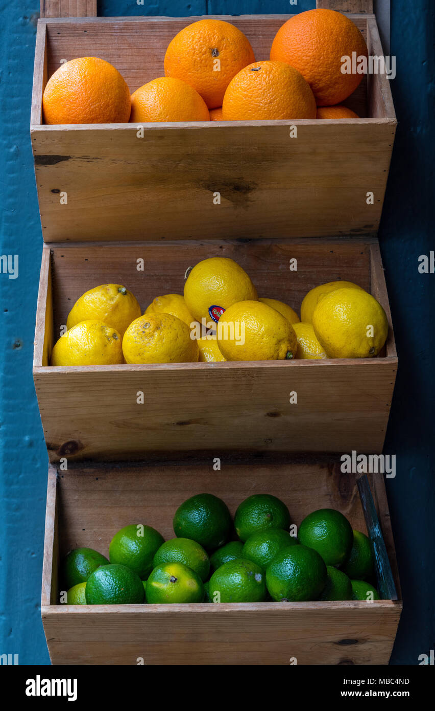 Oranges, lemons and. Limes displayed outside of a greengrocers store in