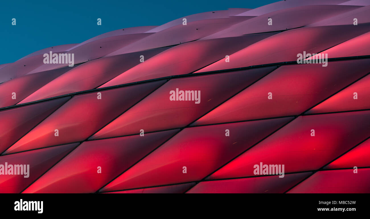 Red illuminated Allianz Arena, detail, Munich, Upper Bavaria, Bavaria, Germany Stock Photo