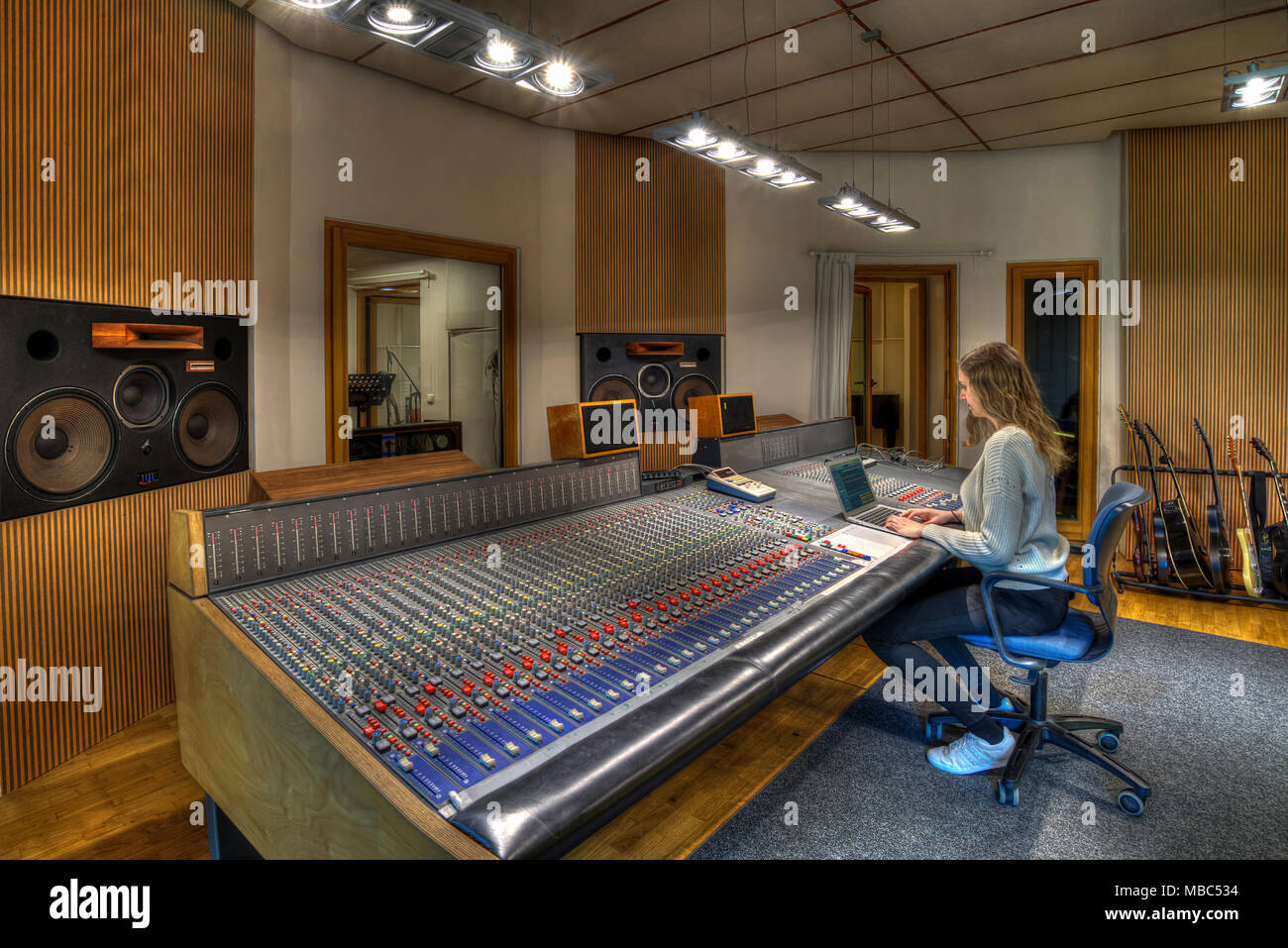 Mixer, assistant at computer in the recording room, music studios, Lower Saxony, Germany Stock Photo