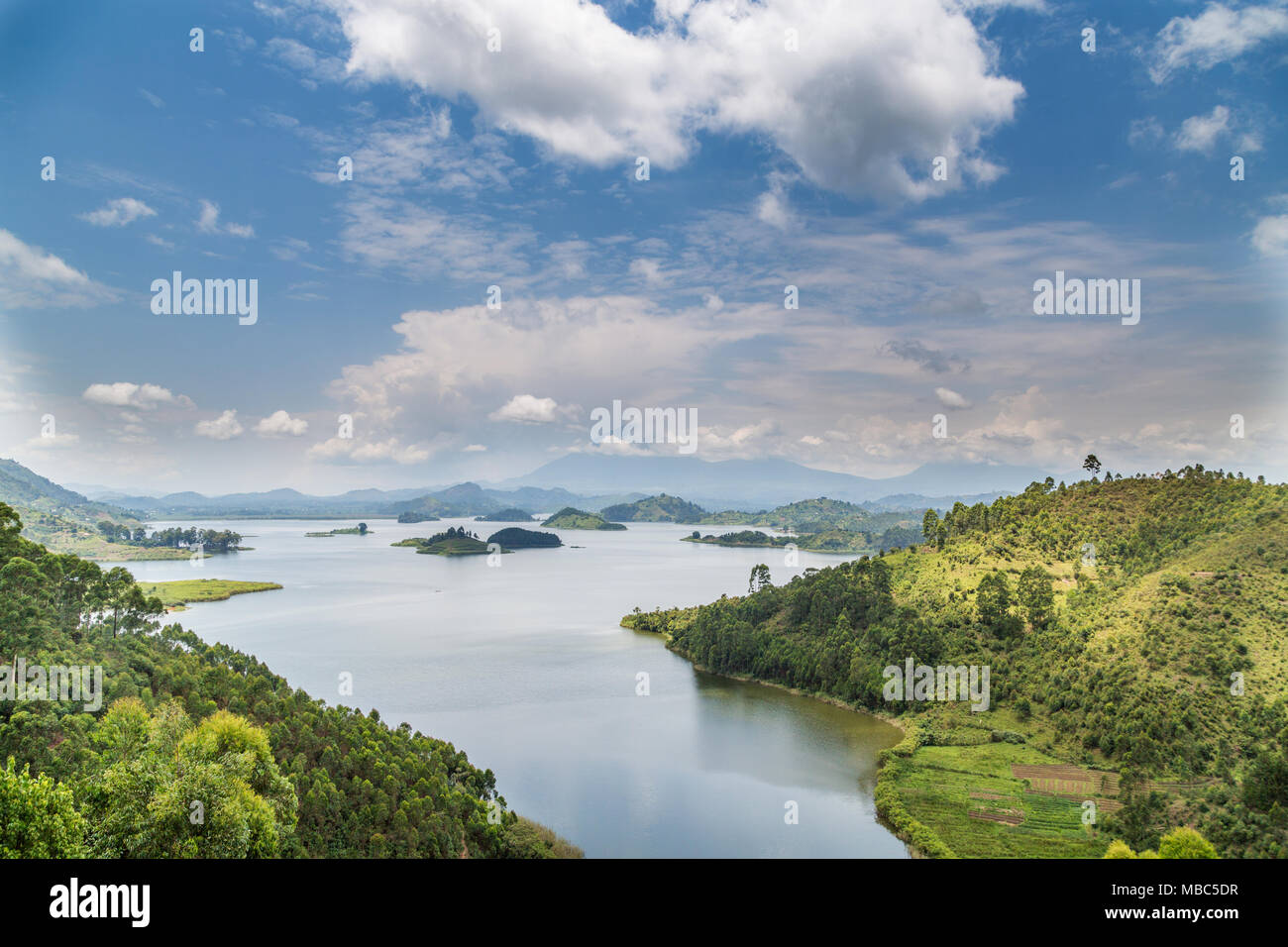 Lake Mutanda, east bank, behind Virunga Mountains, Uganda Stock Photo