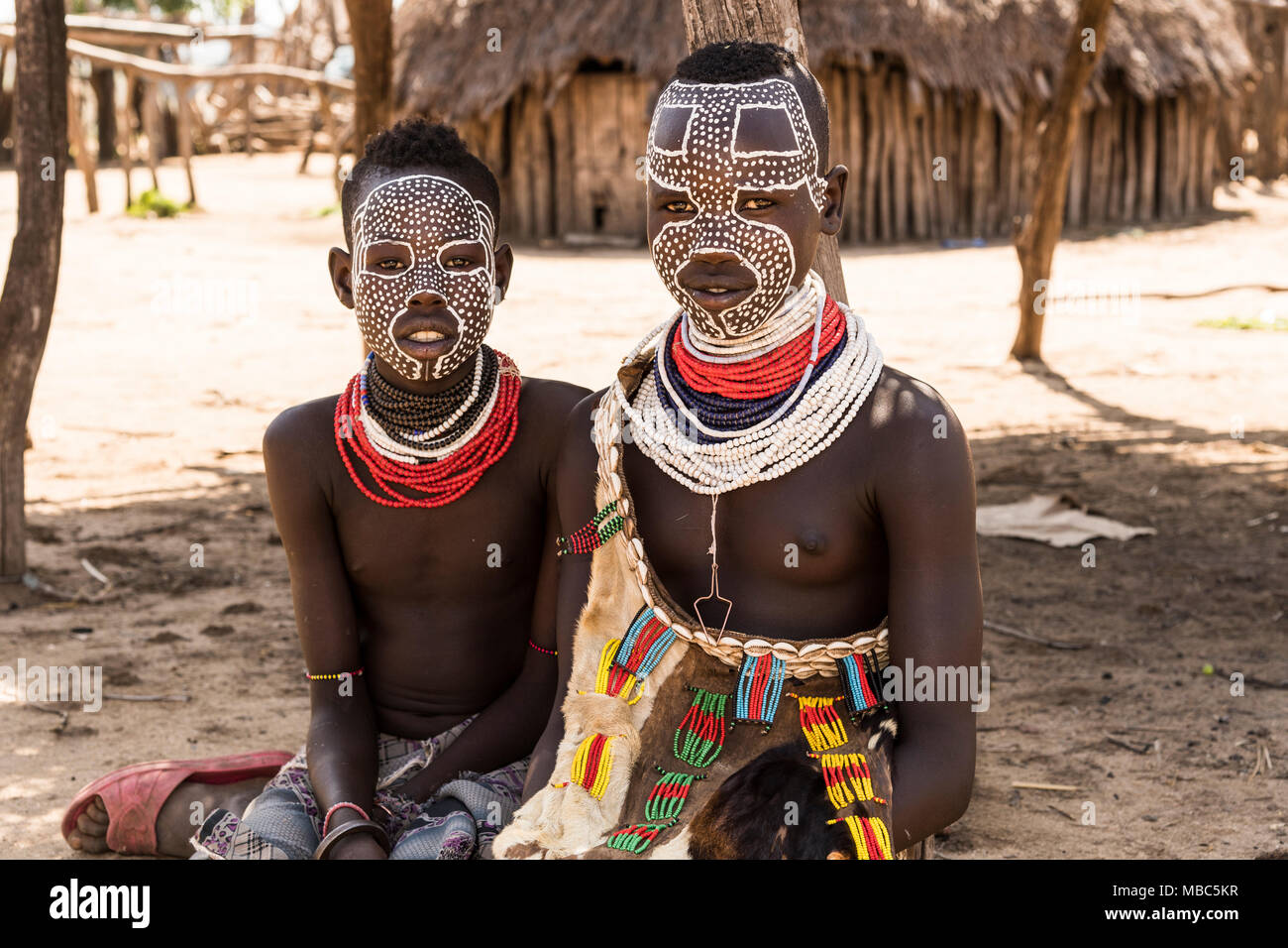 Two girls with traditional face painting, Karo tribe, Southern Nations Nationalities and Peoples' Region, Ethiopia Stock Photo