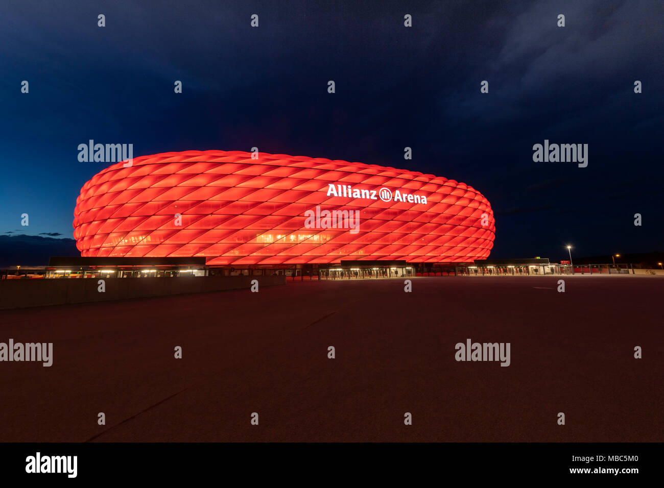Red illuminated Allianz Arena, Munich, Upper Bavaria, Bavaria, Germany Stock Photo