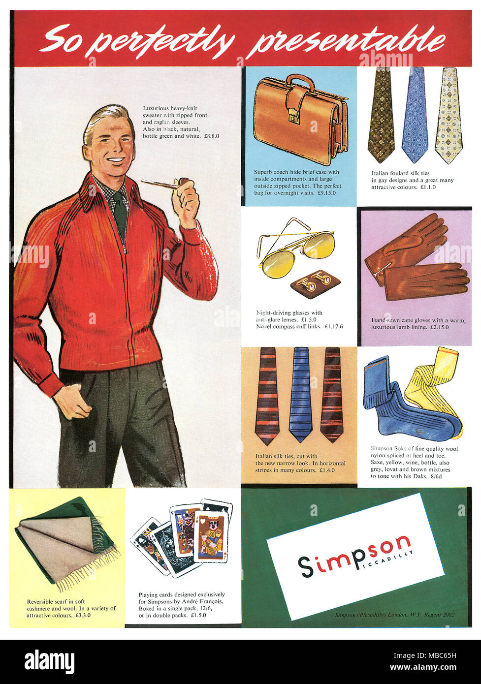 1954 British advertisement for Simpson of Piccadilly men's fashion accessories. Stock Photo