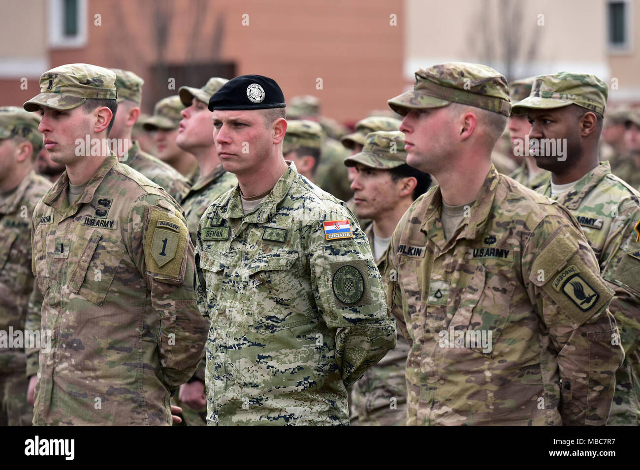 U.S. Army Soldiers and a Croatian Army Soldier stand in formation during the Expert Infantryman Badge (EIB) ceremony at Caserma Del Din, Vicenza, Italy, 15 Feb. 2018. (U.S. Army Stock Photo