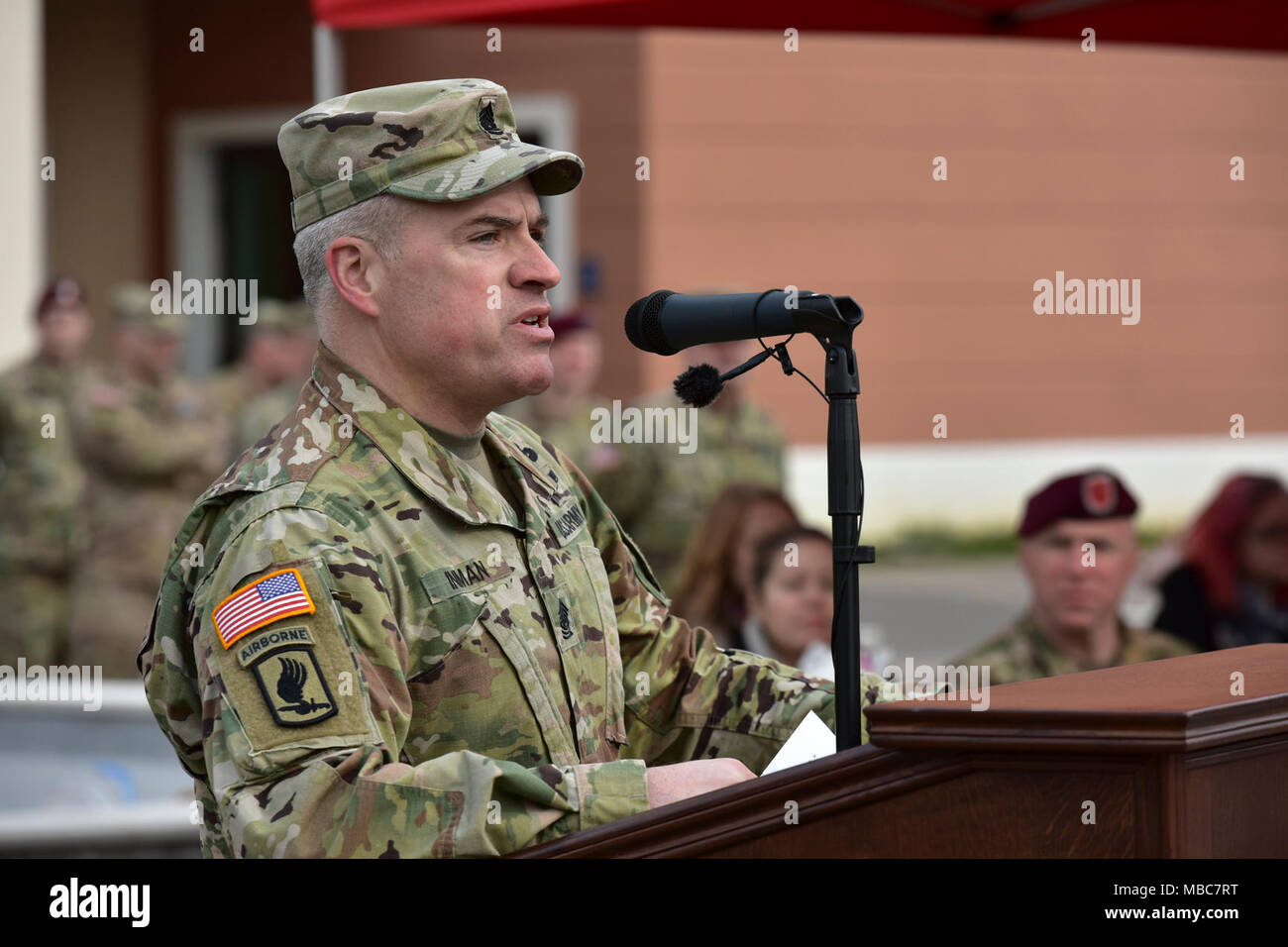 Command Sgt. Maj. Jeremiah E. Inman, CSM U.S. Army Africa, speaks during the Expert Infantryman Badge (EIB) ceremony at Caserma Del Din, Vicenza, Italy, 15 Feb. 2018. (U.S. Army Stock Photo