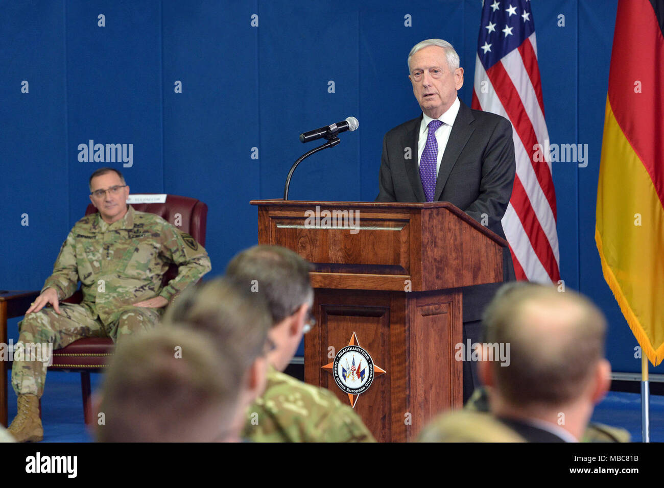 Secretary of Defense Jim Mattis led a town hall meeting with military and Civilian personnel at U.S. European Command during the Stuttgart, Germany, stop of his trip to Europe February 15, 2018. Secretary Mattis's speech and following Q&A focused on support to NATO, ready forces and the concept that 'Deterrence is Dynamic'. (U.S. Army Stock Photo