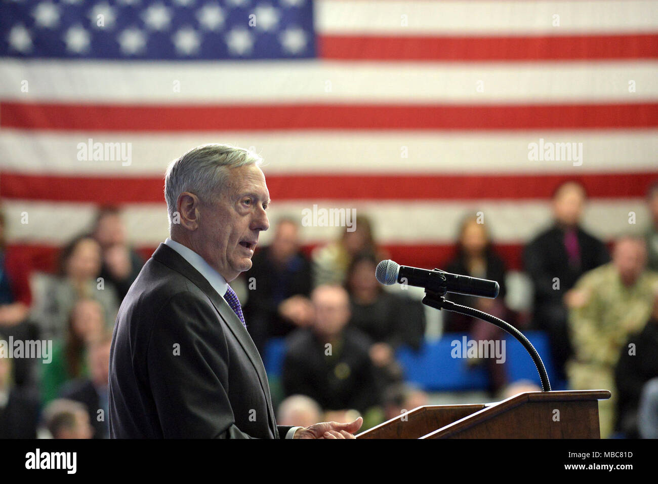 Secretary of Defense Jim Mattis led a town hall meeting with military and Civilian personnel at U.S. European Command during the Stuttgart, Germany, stop of his trip to Europe February 15, 2018. Secretary Mattis's speech and following Q&A focused on support to NATO, ready forces and the concept that 'Deterrence is Dynamic'. (U.S. Army Stock Photo
