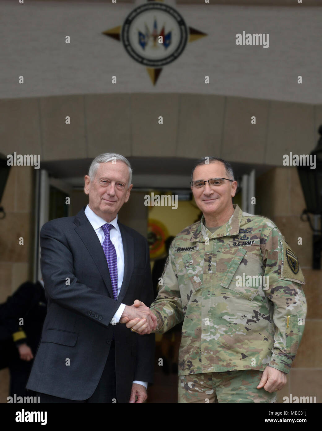 Secretary of Defense Jim Mattis greets Gen. Curtis Scaparrotti, Commander, U.S. European Command, during the Stuttgart, Germany stop of his trip to Europe February 15, 2018. Secretary Mattis's speech and following Q&A focused on support to NATO, ready forces and the concept that 'Deterrence is Dynamic'. (U.S. Army Stock Photo