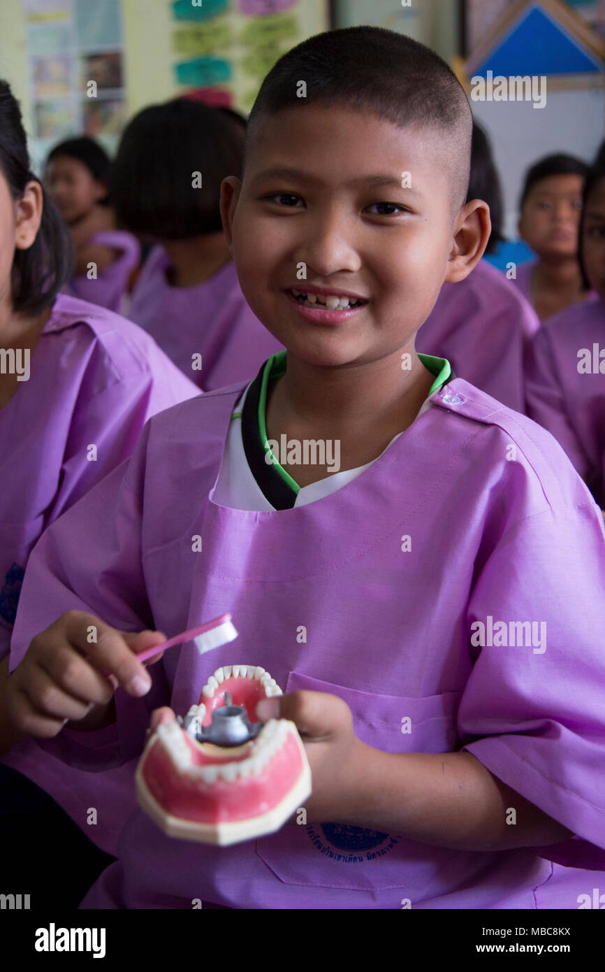 Students of Bankhaotien School receive a class on dental hygiene during a cooperative health engagement for Exercise Cobra Gold 2018 in Lopburi, Kingdom of Thailand, Feb. 15, 2018. Humanitarian civic assistance projects conducted during the exercise support the needs and humanitarian interests of the Thai people. Cobra Gold 18 is an annual exercise conducted in the Kingdom of Thailand and runs from Feb. 13-23 with seven full participating nations. (U.S. Marine Corps Stock Photo