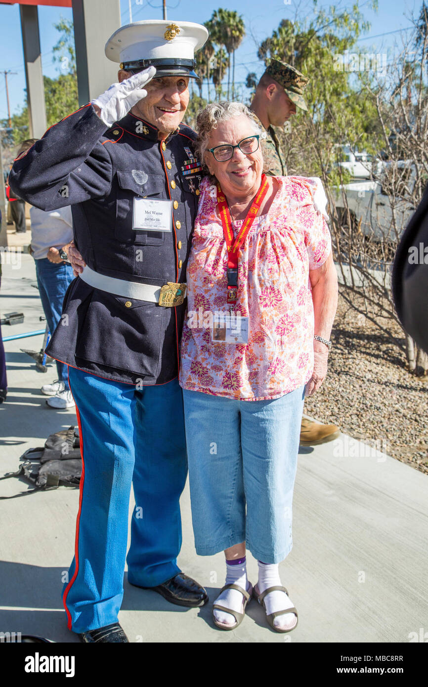 Retired U.S. Marine Corps Sergeant Mel Wayne, a 2nd Marine Division Iwo Jima Veteran , and Jimmie Hyde Watson pose for a photo during a tour of Marine Corps Base Camp Pendleton in commemoration of the 73d Anniversary of the Battle of Iwo Jima, Feb 15, 2018. Iwo Jima was a major World War II battle in which the United States Marine Corps landed on and eventually captured the island of Iwo Jima from the Japanese Imperial Army. Veterans of the battle and their family members were invited to Camp Pendleton for a tour which included a special reaction team static display, Meal Ready to Eat sampling Stock Photo
