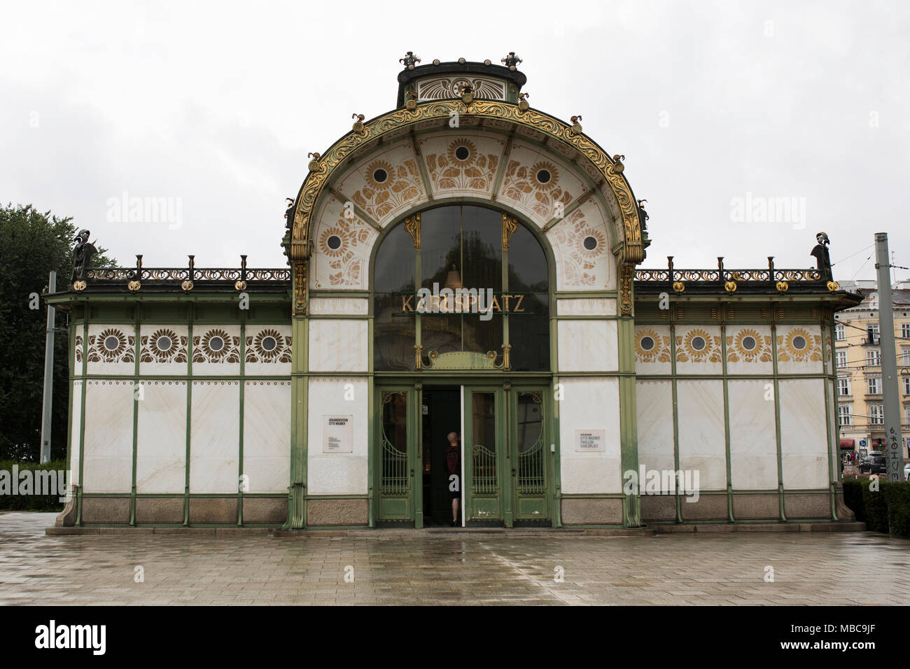 Karlsplatz Stadtbahn Station in Vienna, Austria, one of the pavilions designed by architect Otto Wagner for a former train station no longer in use. Stock Photo