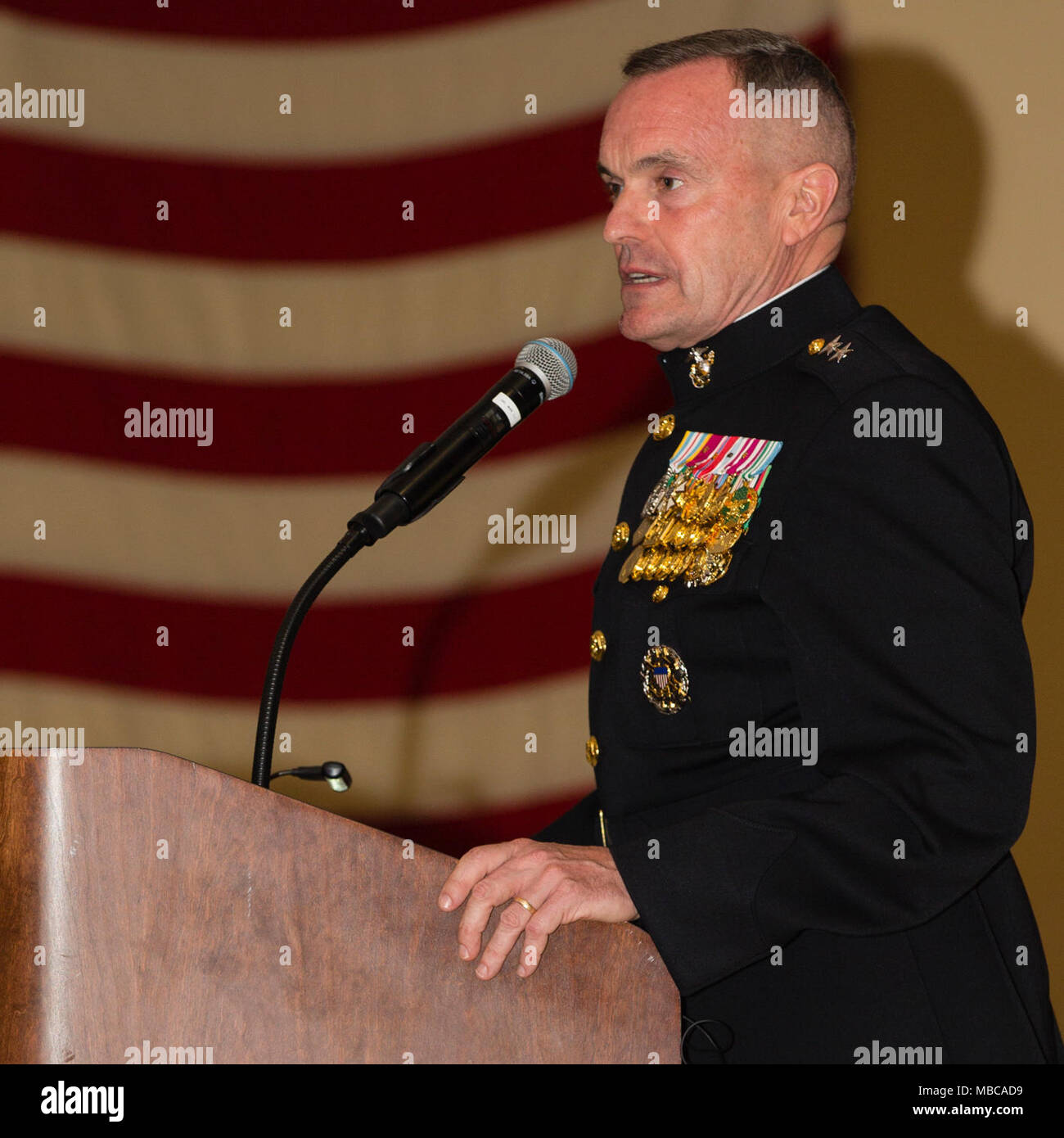 U.S. Marine Corps Maj. Gen. Vincent Coglianese, Commander, Marine Corps Installations Command speaks at the 73rd Anniversary of the Battle of Iwo Jima at the Marine Corps Base Camp Pendleton, Calif., Feb. 17, 2018. The evening included a sunset memorial, 21-gun salute and banquet. (U.S. Marine Corps Stock Photo