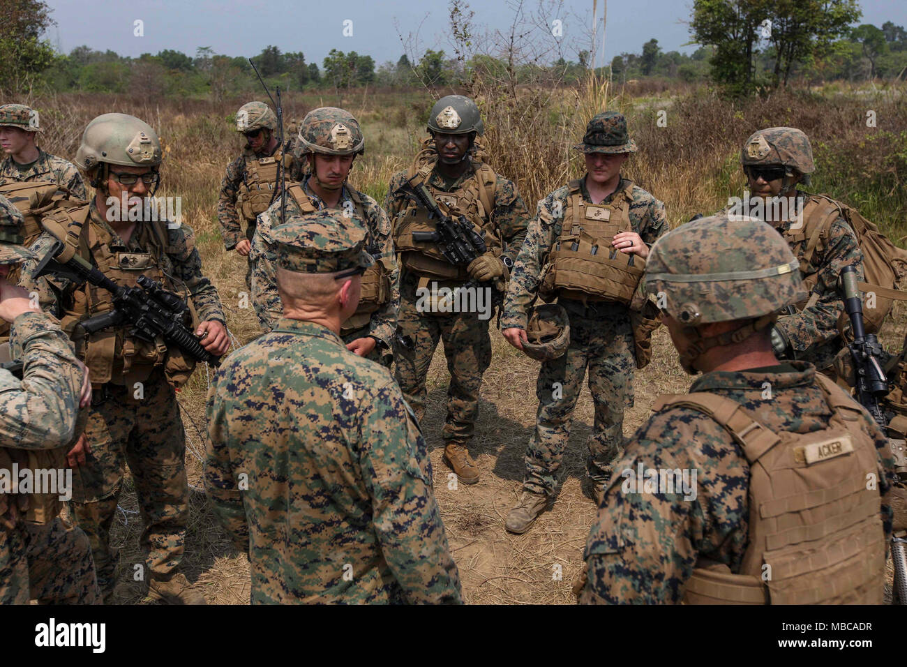 Commandant of the Marine Corps Gen. Robert B. Neller speaks to Marines before a live-fire attack drill in Ban Chan Khrem, Thailand, Feb. 18, 2018. Neller was there to observe the range and speak to Marines about his plan to equip the force with new gear. (U.S. Marine Corps Stock Photo