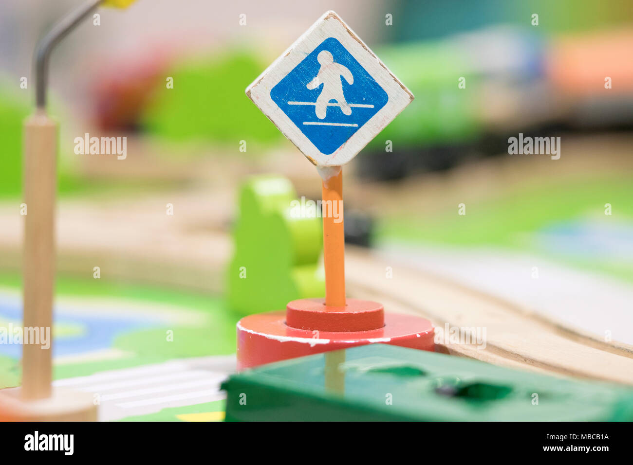 Cross road sign - Traffic sigh toy, Play set Educational toys for preschool indoor playground(selective focus) Stock Photo