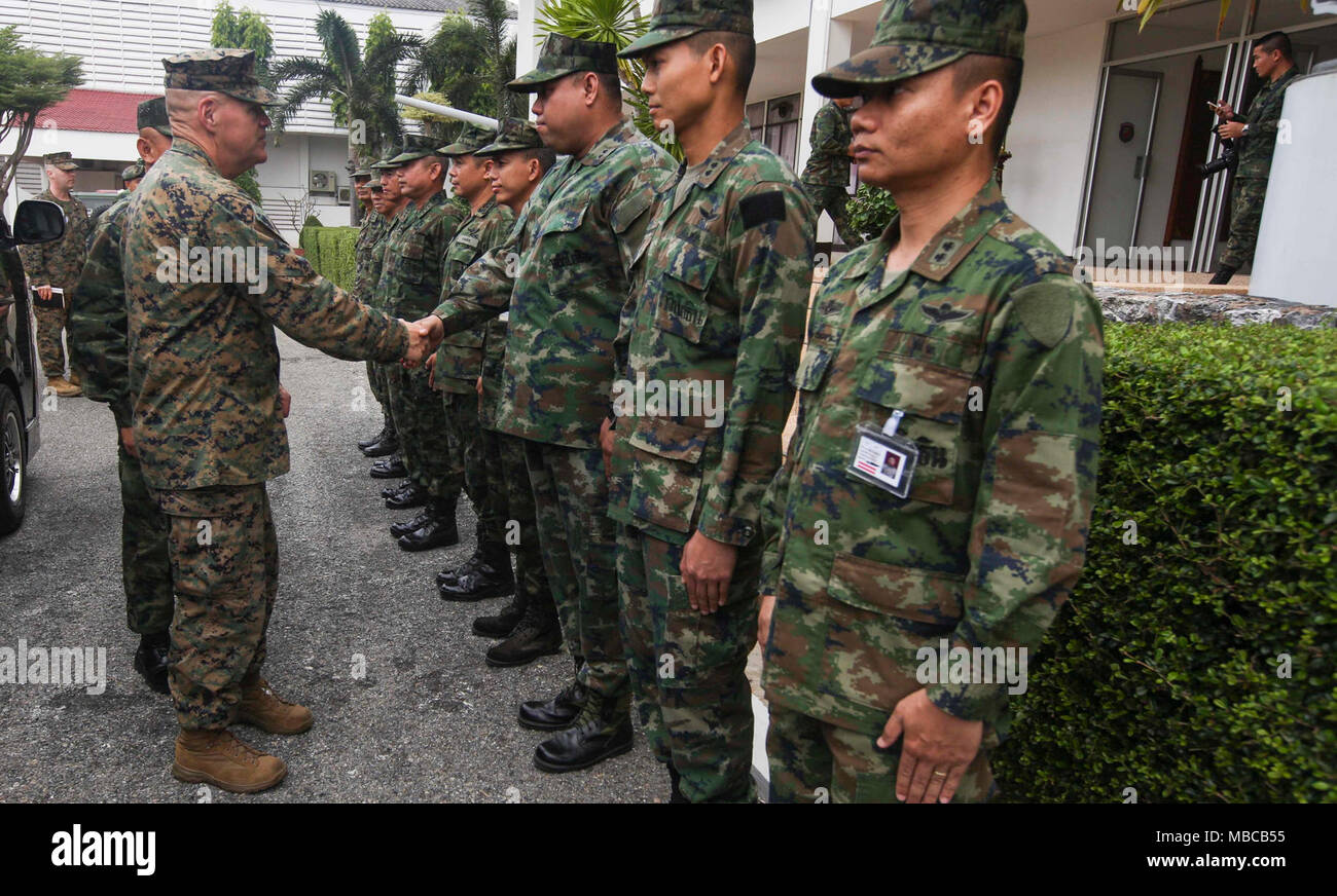 Commandant of the Marine Corps Gen. Robert B. Neller shakes hands with Royal Thai Marines during a visit to Sattahip, Thailand, Feb. 19, 2018. Neller met with Royal Thai Marine Corps leadership to discuss joint training and readiness. (U.S. Marine Corps Stock Photo