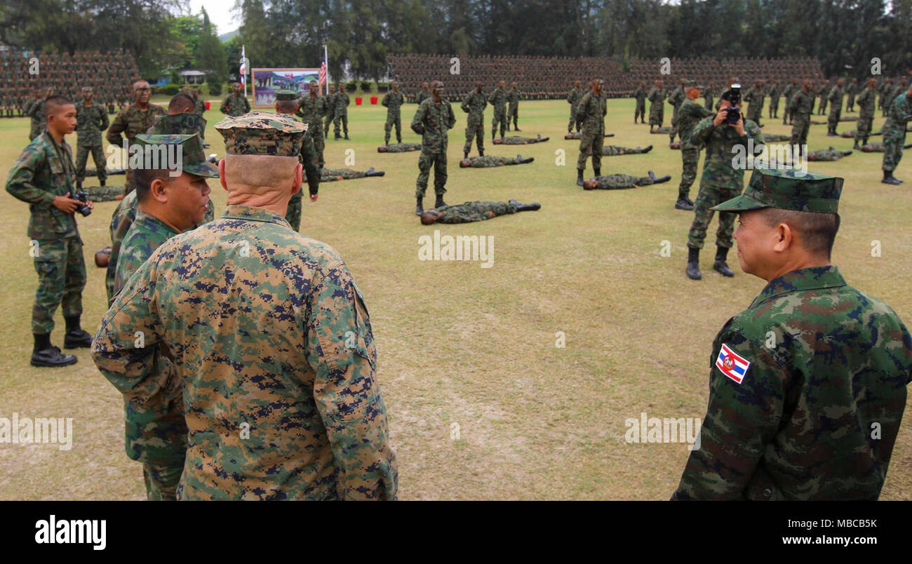 Commandant of the Marine Corps Gen. Robert B. Neller visits the Royal Thai Marine Corps Recruit Training Regiment Sattahip, Thailand, Feb. 19, 2018. Neller observed execution of training exercises and spoke to Thai recruits. (U.S. Marine Corps Stock Photo