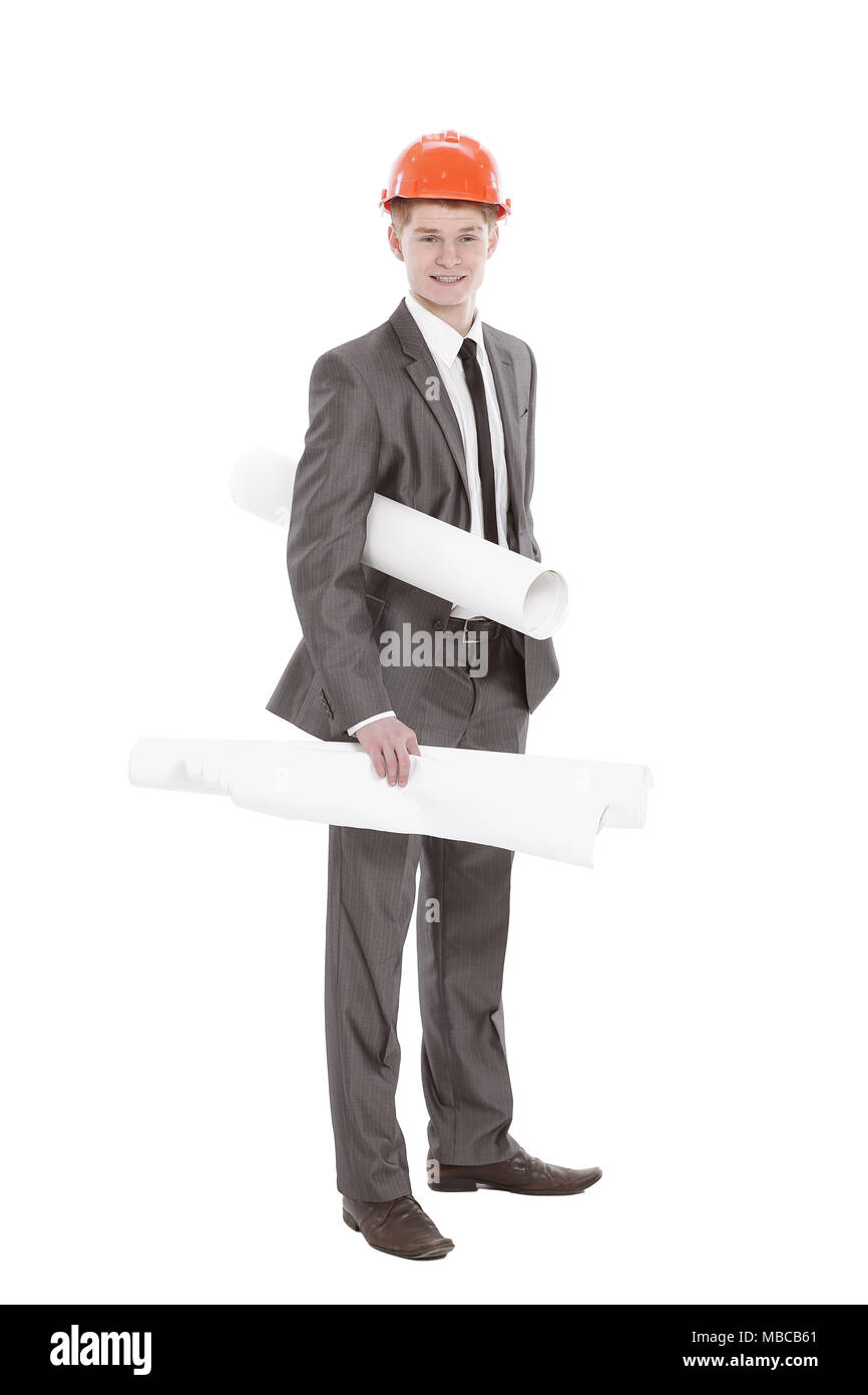 in full growth.young engineer - architect with the drawings Stock Photo ...