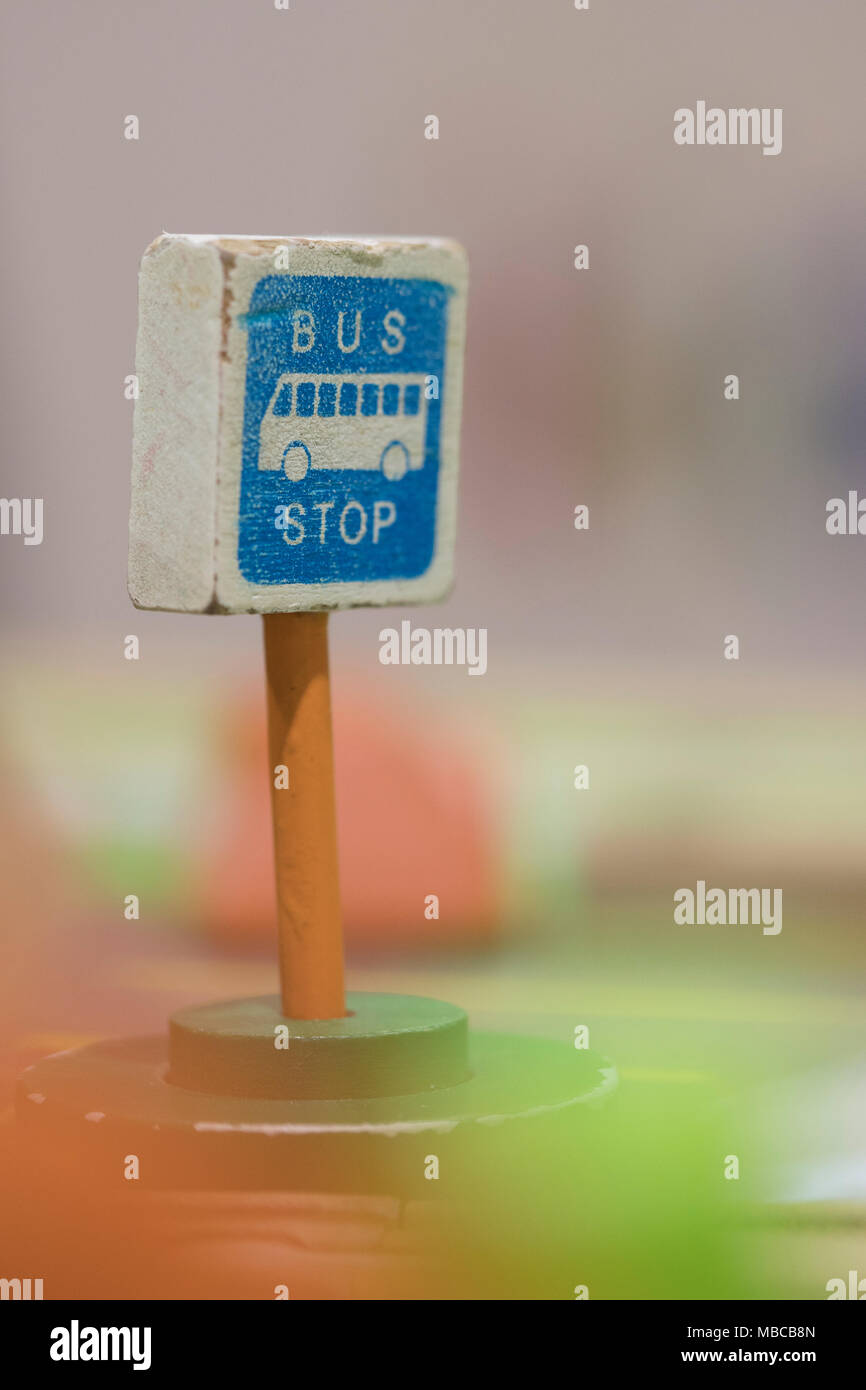 Bus Stop sign - Toy Set Street Signs - Play set Educational toys for preschool indoor playground (selective focus) Stock Photo