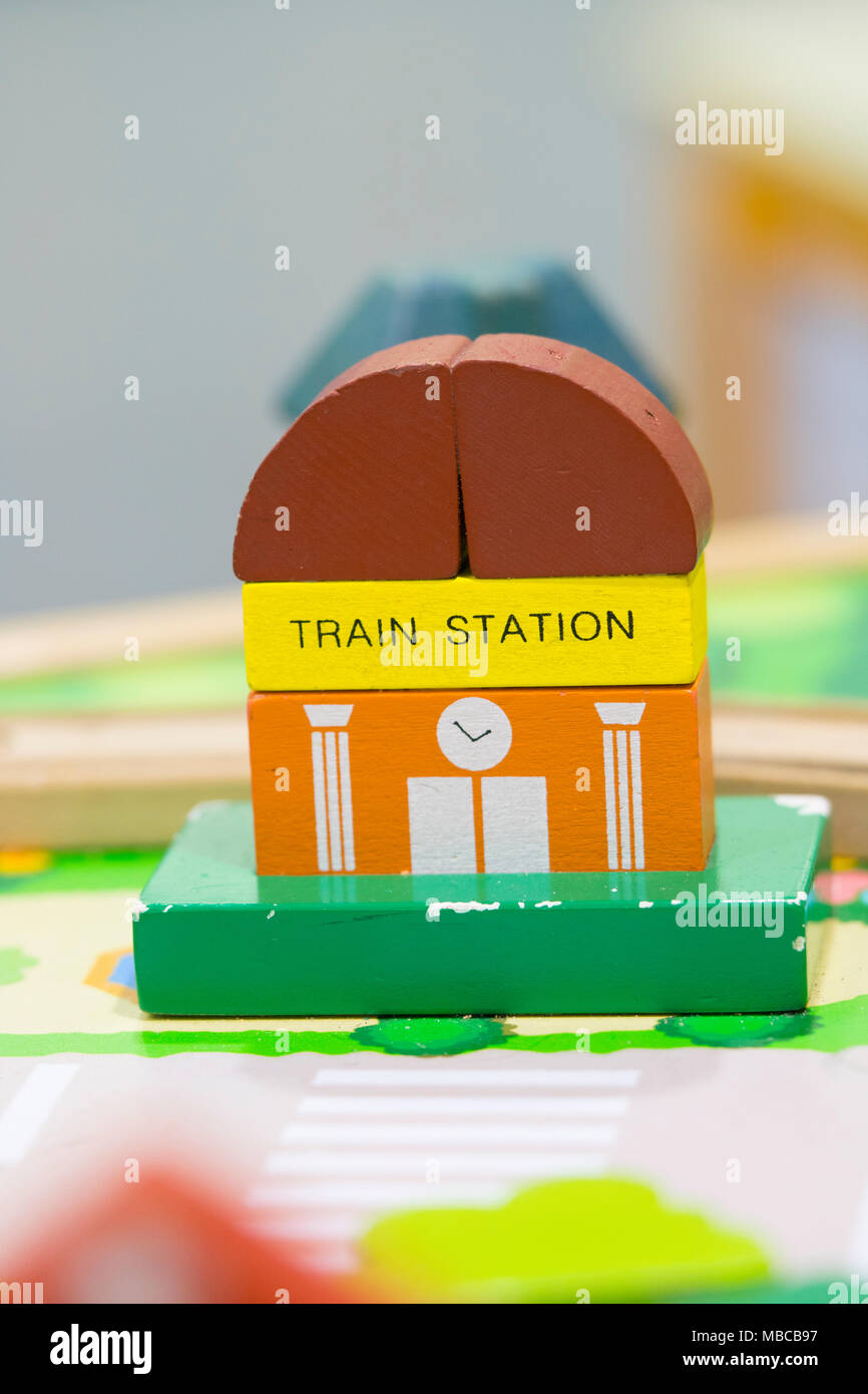 Train Station Wooden Toy Set and Street Signs Play set Educational toys for preschool indoor playground (selective focus) Stock Photo