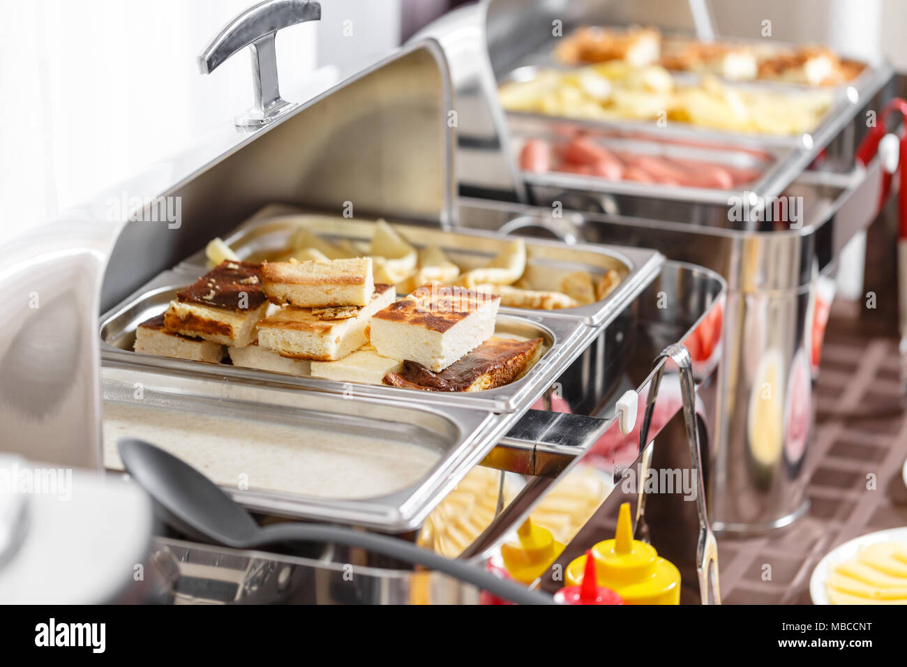 Buffet heated trays ready for service. Breakfast in hotel Stock Photo Alamy