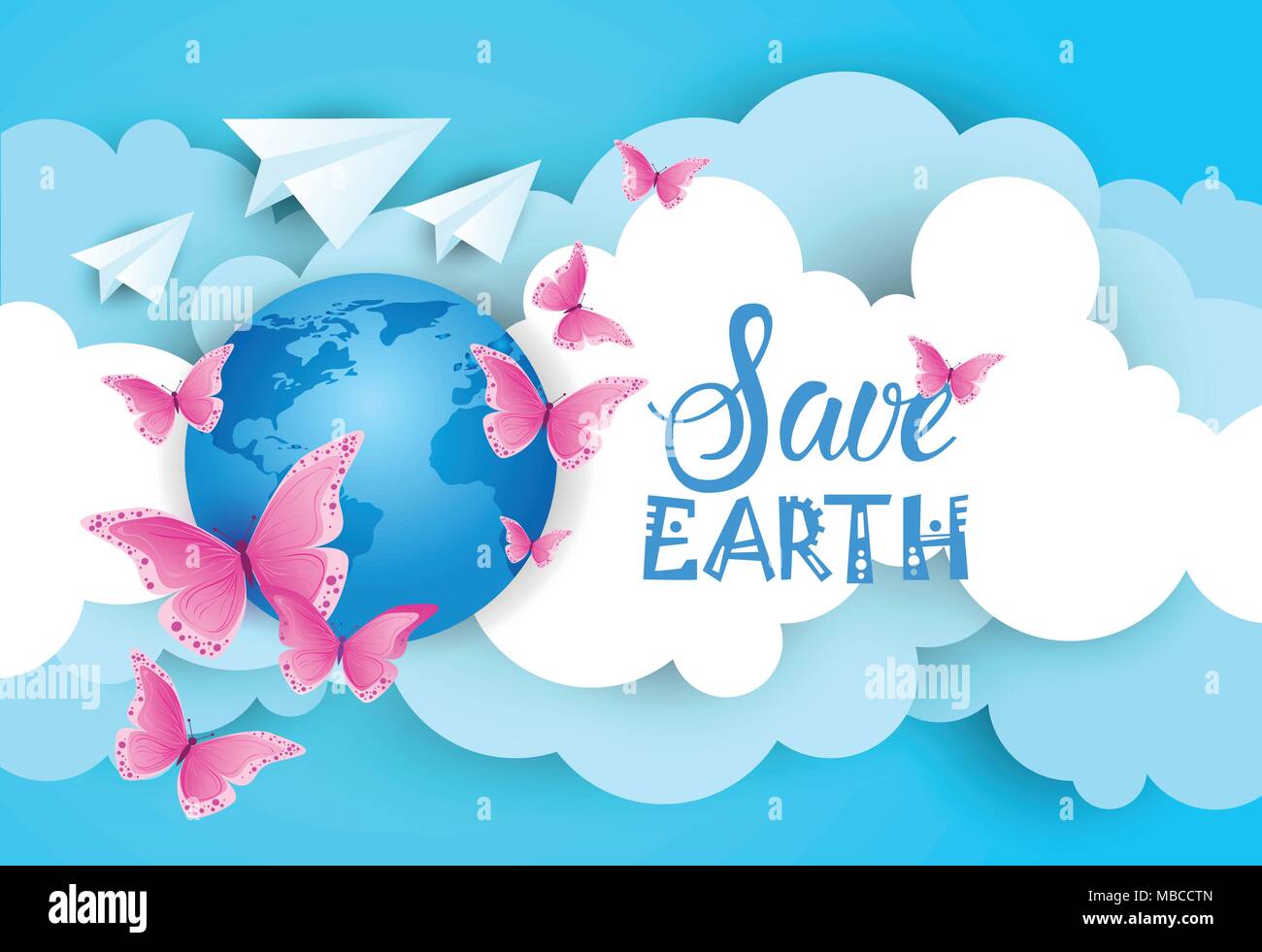 Save Earth Poster Background Over Blue Sky And Clouds Stock Vector