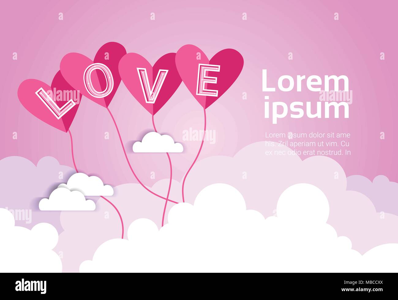 Heart Shaped Balloons In Sky Over Pink Clouds Background With Copy ...