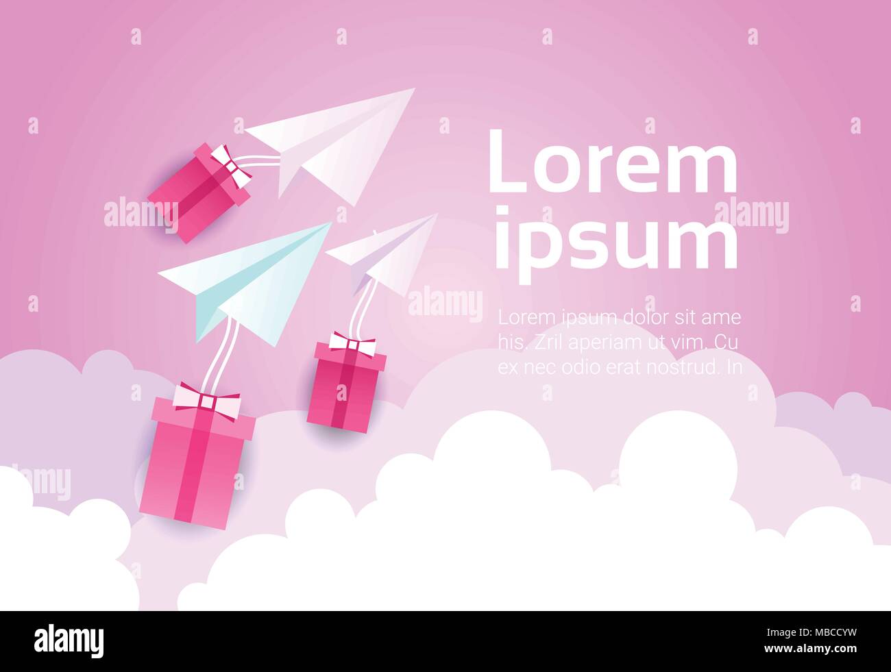 Paper Plane In Sky Over Pink Clouds And Gift Boxes Background Valentine ...