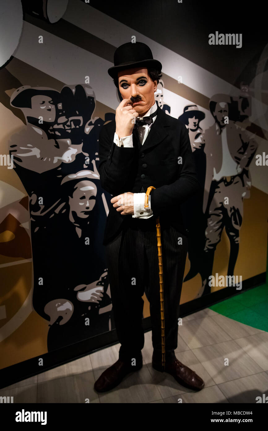Wax figure of Sir Charles Spencer Charlie Chaplin, English comic actor in Madame Tussauds Wax museum in Amsterdam, Netherlands Stock Photo