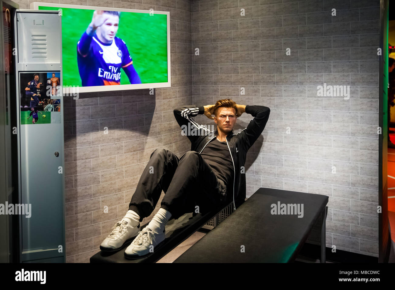 Wax figure of David Beckham soccer player in Madame Tussauds Wax museum in Amsterdam, Netherlands Stock Photo