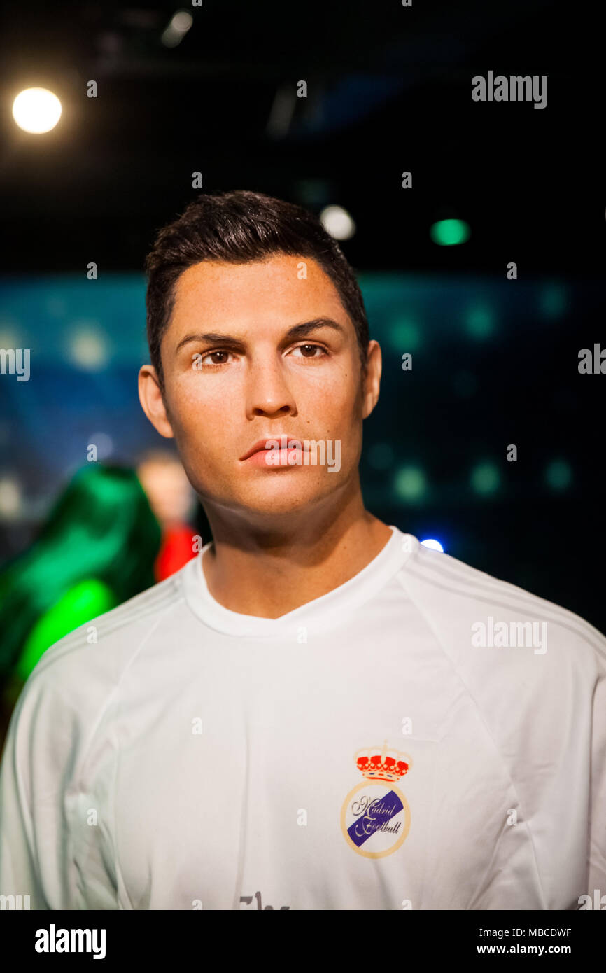 Wax figure of Cristiano Ronaldo soccer player in Madame Tussauds Wax museum in Amsterdam, Netherlands Stock Photo