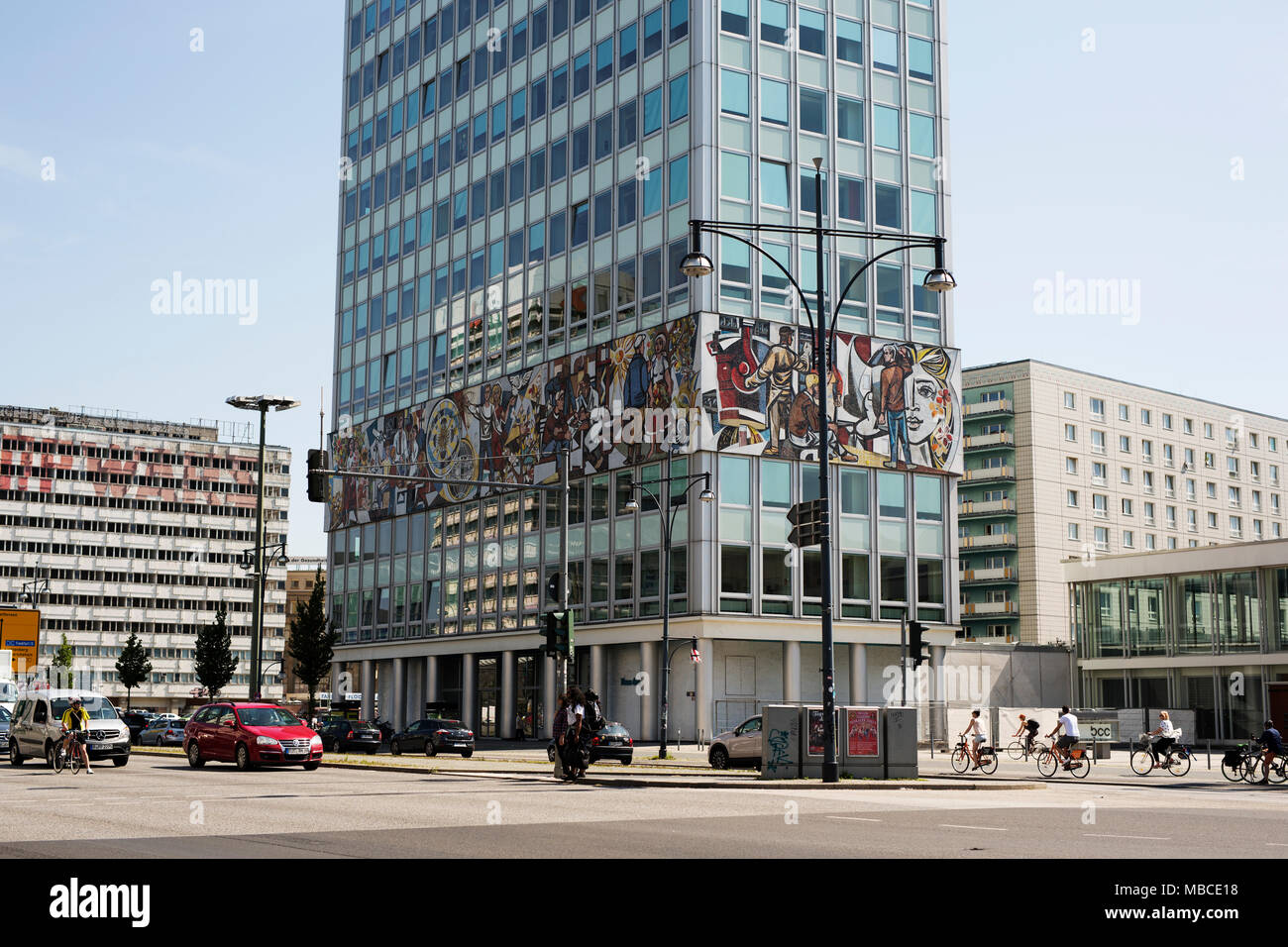 Haus des Lehrers (Teacher's House), a 1960s building featuring a Mexican-style mural in Alexanderplatz in Berlin, Germany. Stock Photo