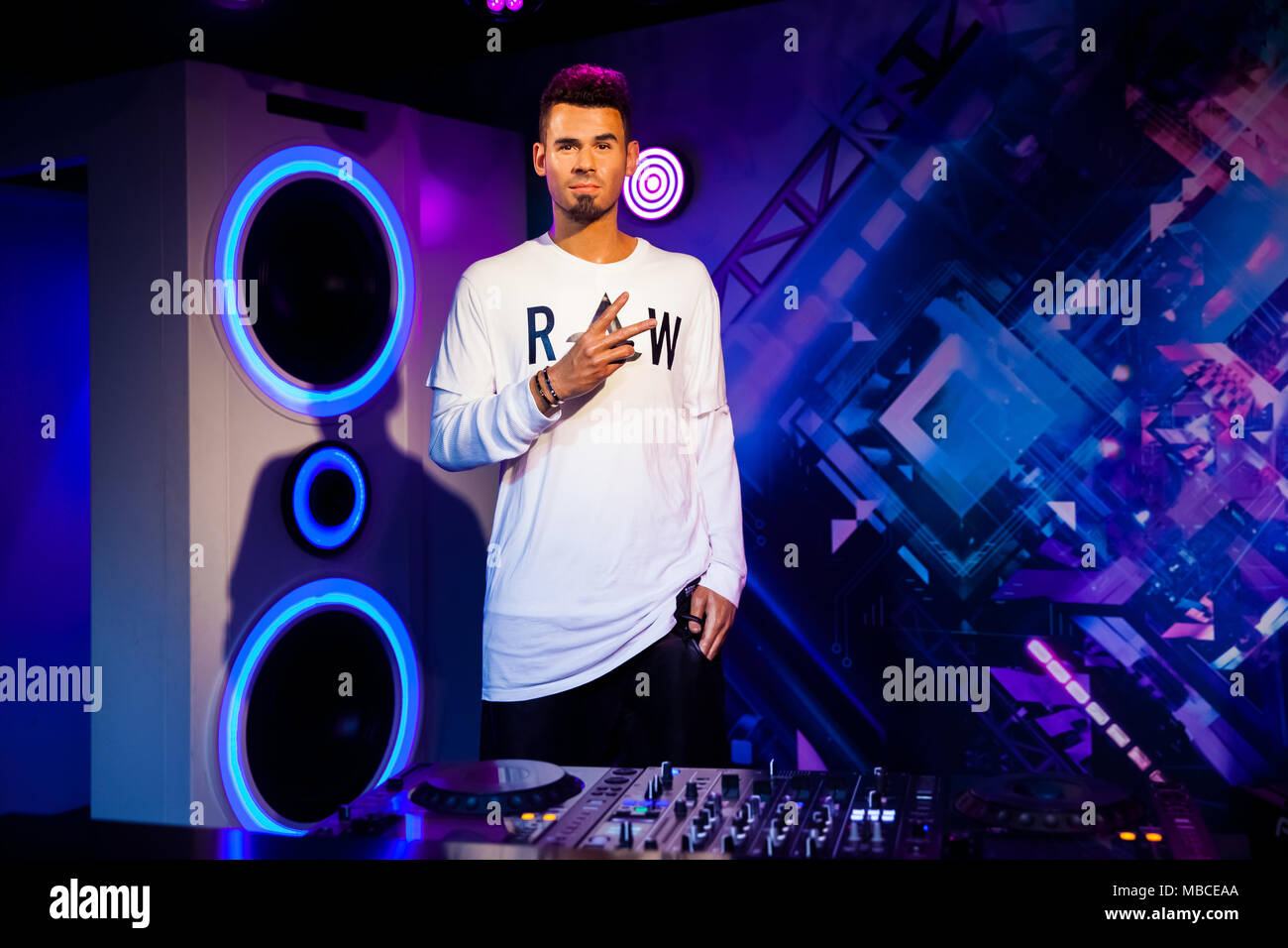 Wax figure of Dutch DJ, record producer and remixer Afrojack in Madame Tussauds Wax museum in Amsterdam, Netherlands Stock Photo