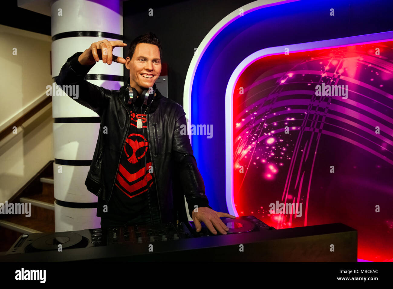 Amsterdam, Netherlands - March, 2017: Wax figure of Dutch DJ and record producer Tijs Michiel Verwest known as Tiesto in Madame Tussauds Wax museum in Amsterdam, Netherlands Stock Photo