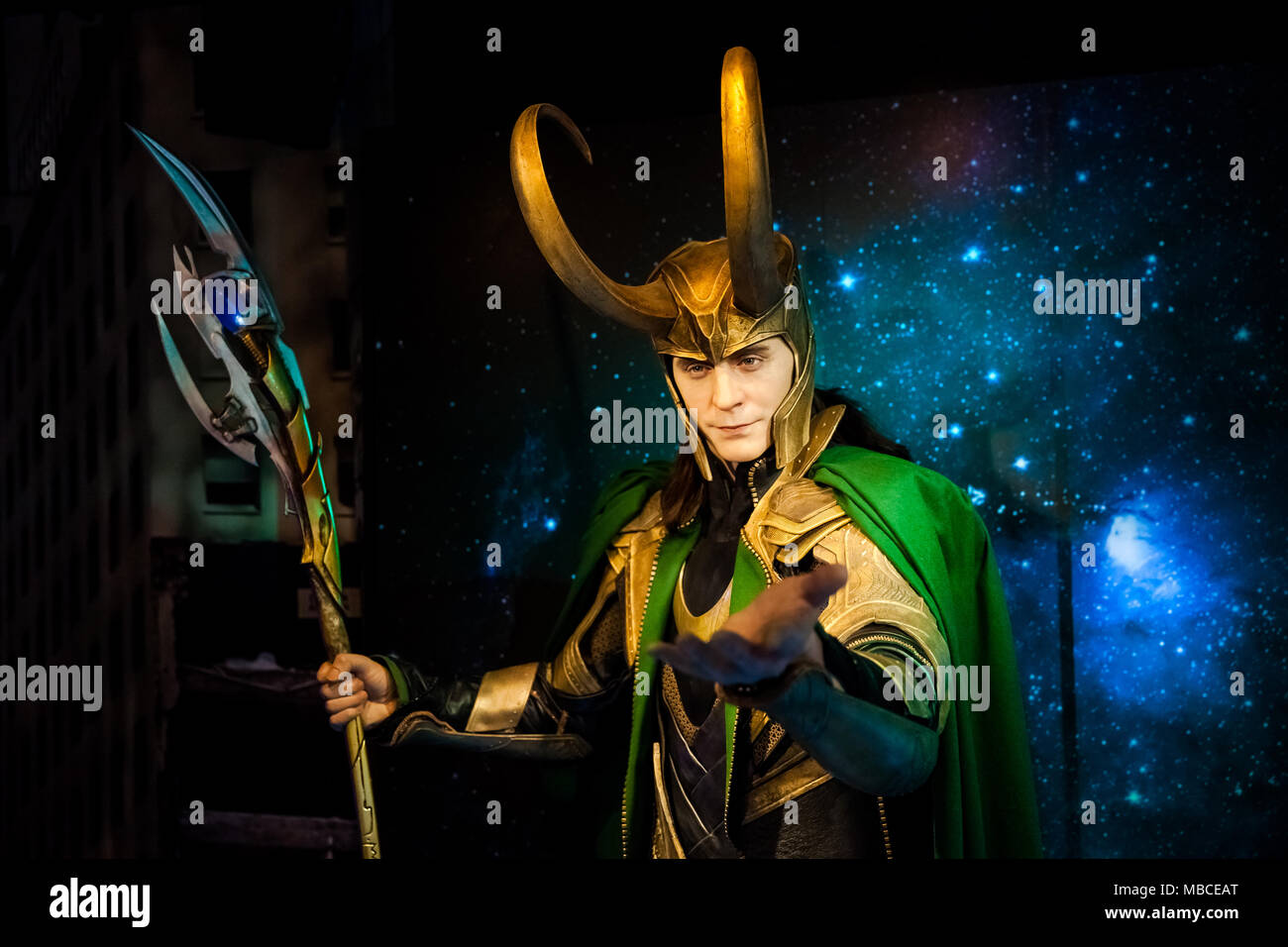 Wax figure of Loki fictional character from American comic books in Madame Tussauds Wax museum in Amsterdam, Netherlands Stock Photo