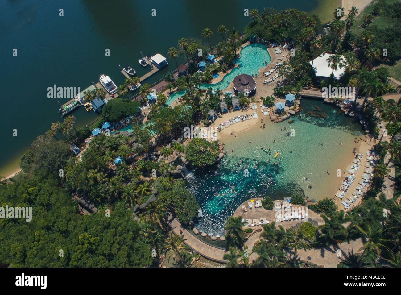 Bird eye view onto swimming pool from balcony at Surfers Paradise Marriott Resort and Spa, Surfers Paradise, QLD, Australia Stock Photo