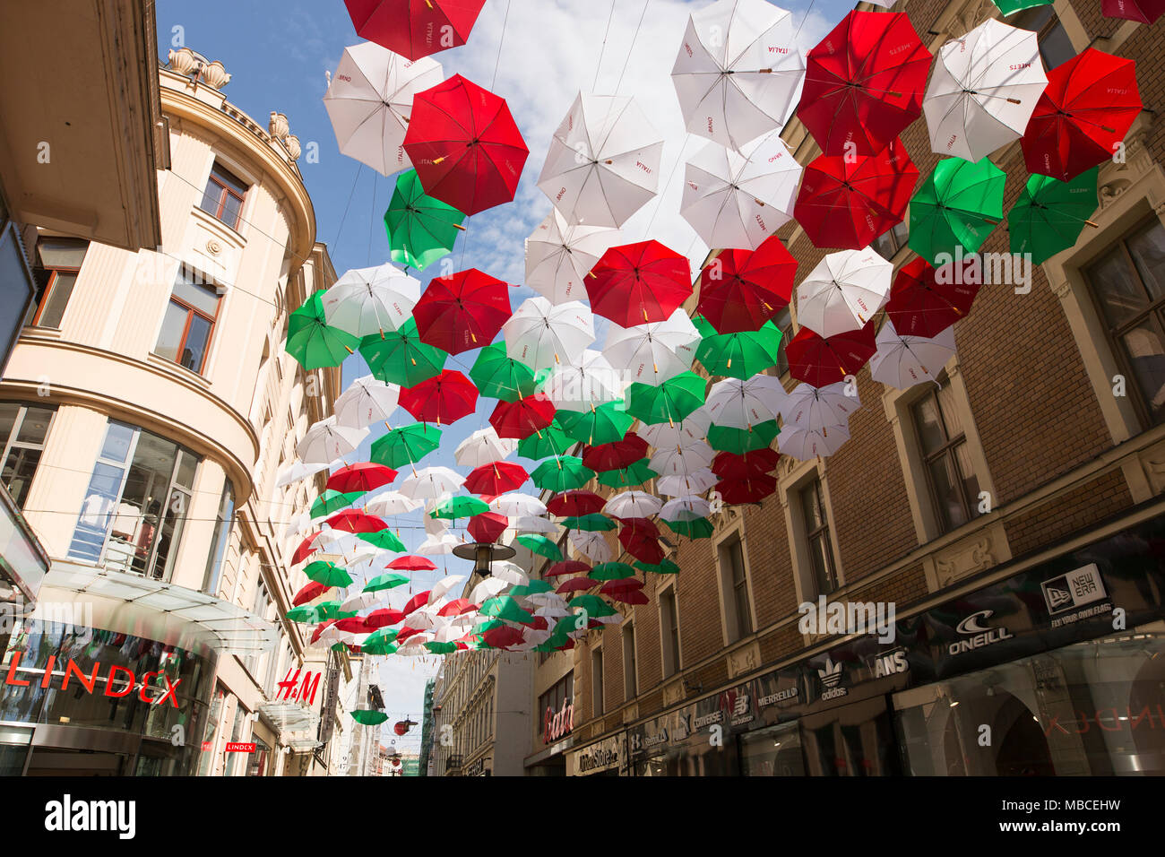 Umbrellas for Joy, an installation in Brno, Czech Republic, celebrating the relationship between Moravia and Italy. Stock Photo