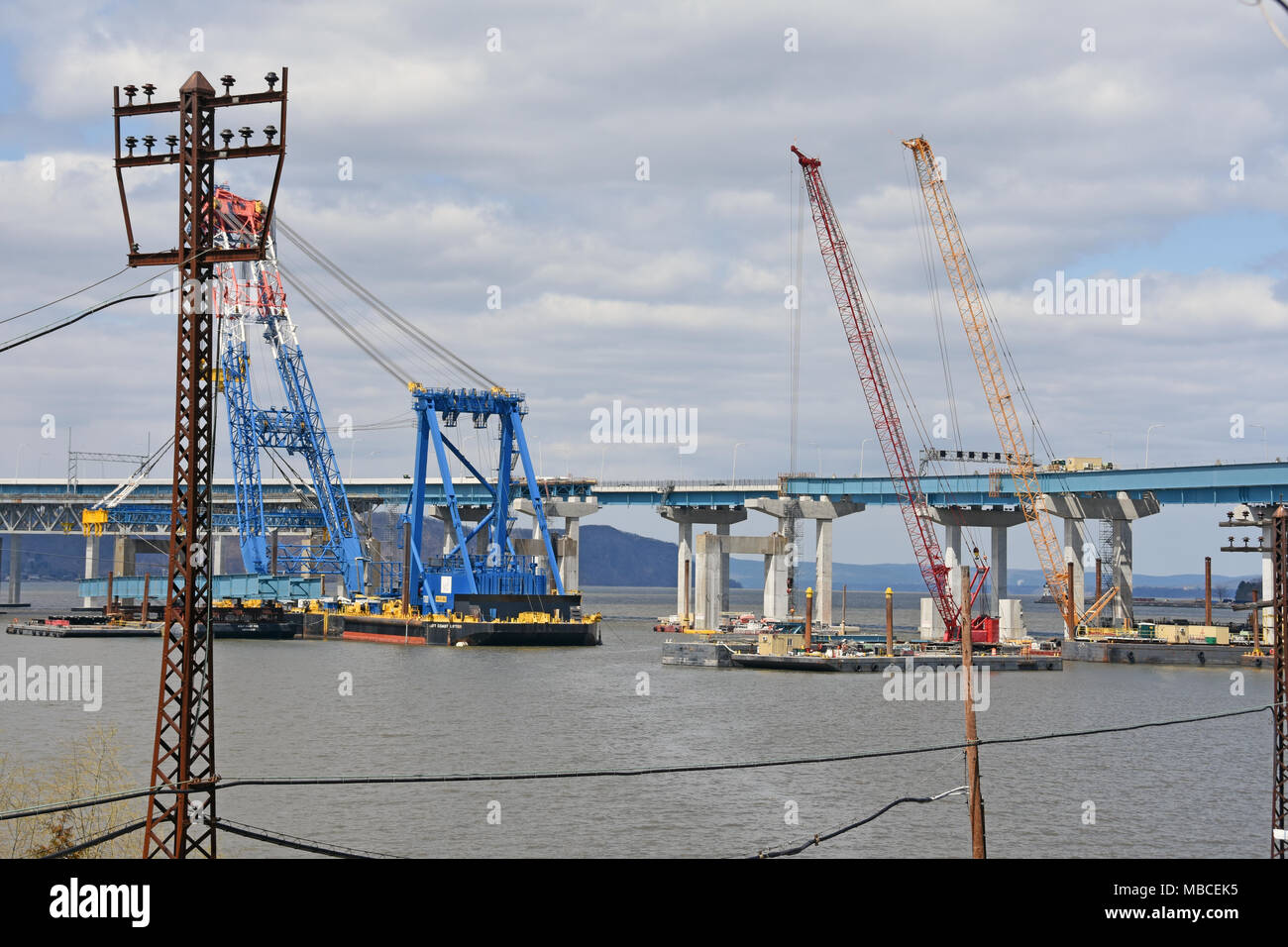 The Left Coast  Lifter Is Waiting To Hoist The Blue Girder In Place Near The Westchester Landing On New Mario M Cuomo Bridge IN Tarrytown NY Stock Photo